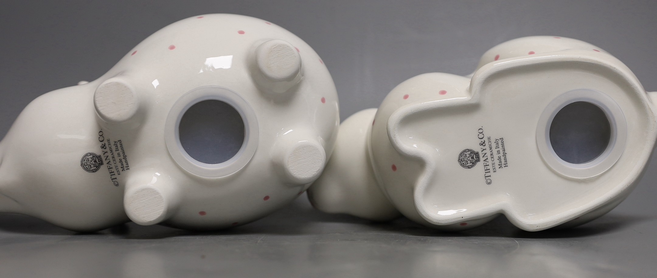 Tiffany ‘rabbit’ and ‘pig’ money banks, original boxes, pig 20cm wide